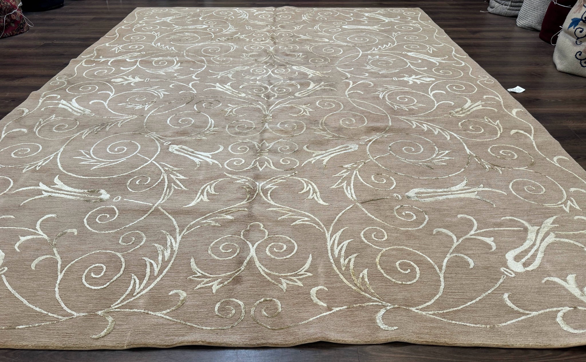 Tibetan Rug 9x12 Wool and Silk Beige Modern Handmade Carpet by Jewel Rugs