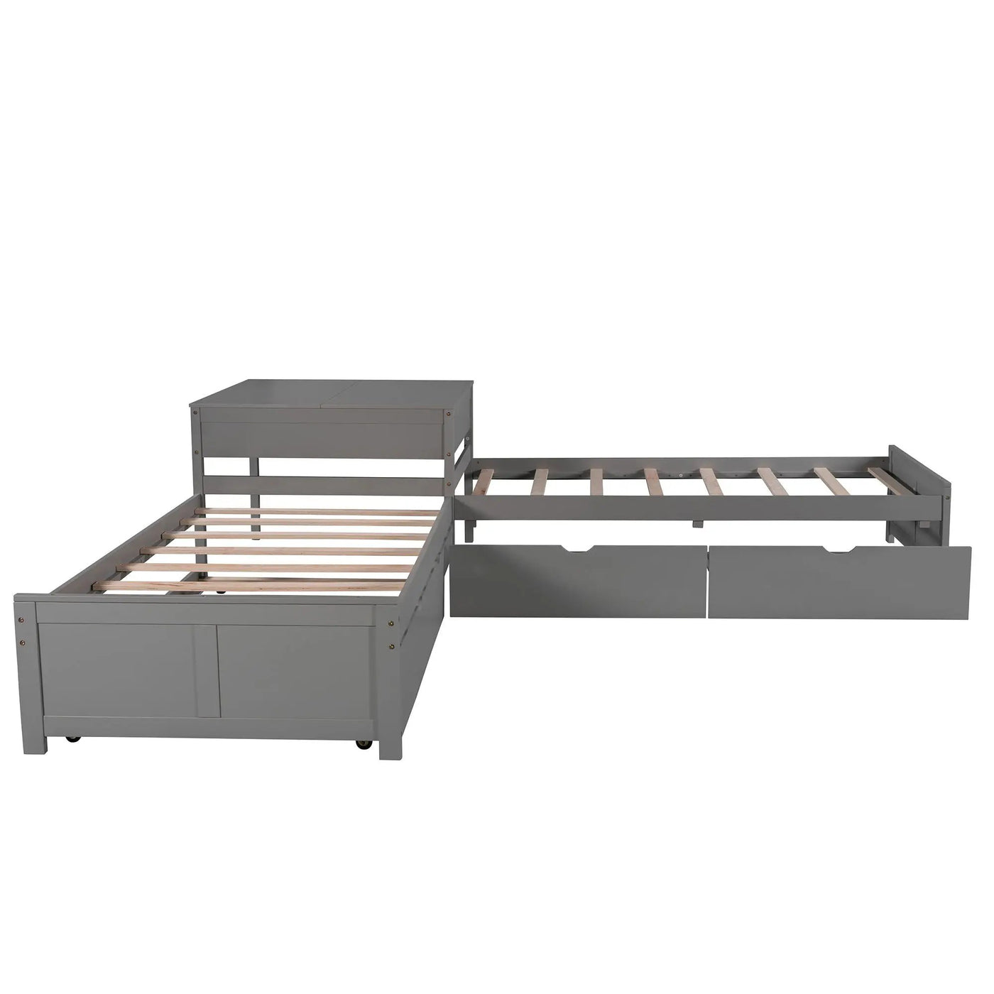 L Shaped Platform Bed With Trundle And Drawers Linked With Built In Desk by HouseOfZazla