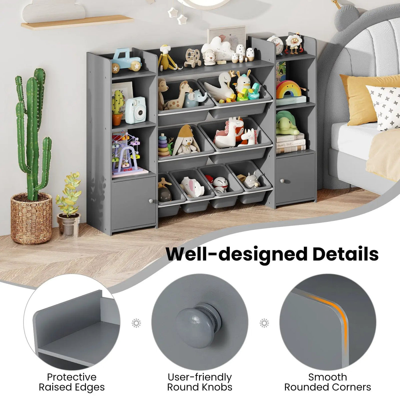 56 inch Large Toy Storage Organizer with 8 Removable Bins and Bookshelf by DirectDeals