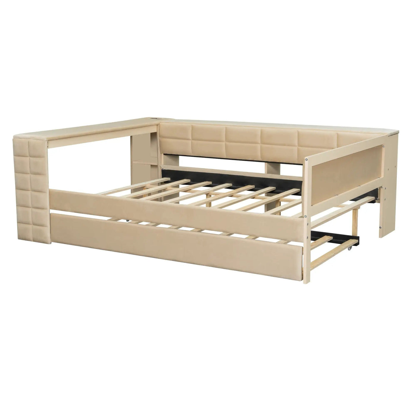Upholstered Platform Bed With Storage Shelves, Desk, Charging Station And Trundle by HouseOfZazla