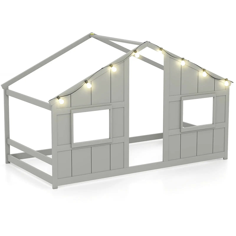 Twin Size House Bed with LED Lights Montessori Slat-free Floor Bed by DirectDeals