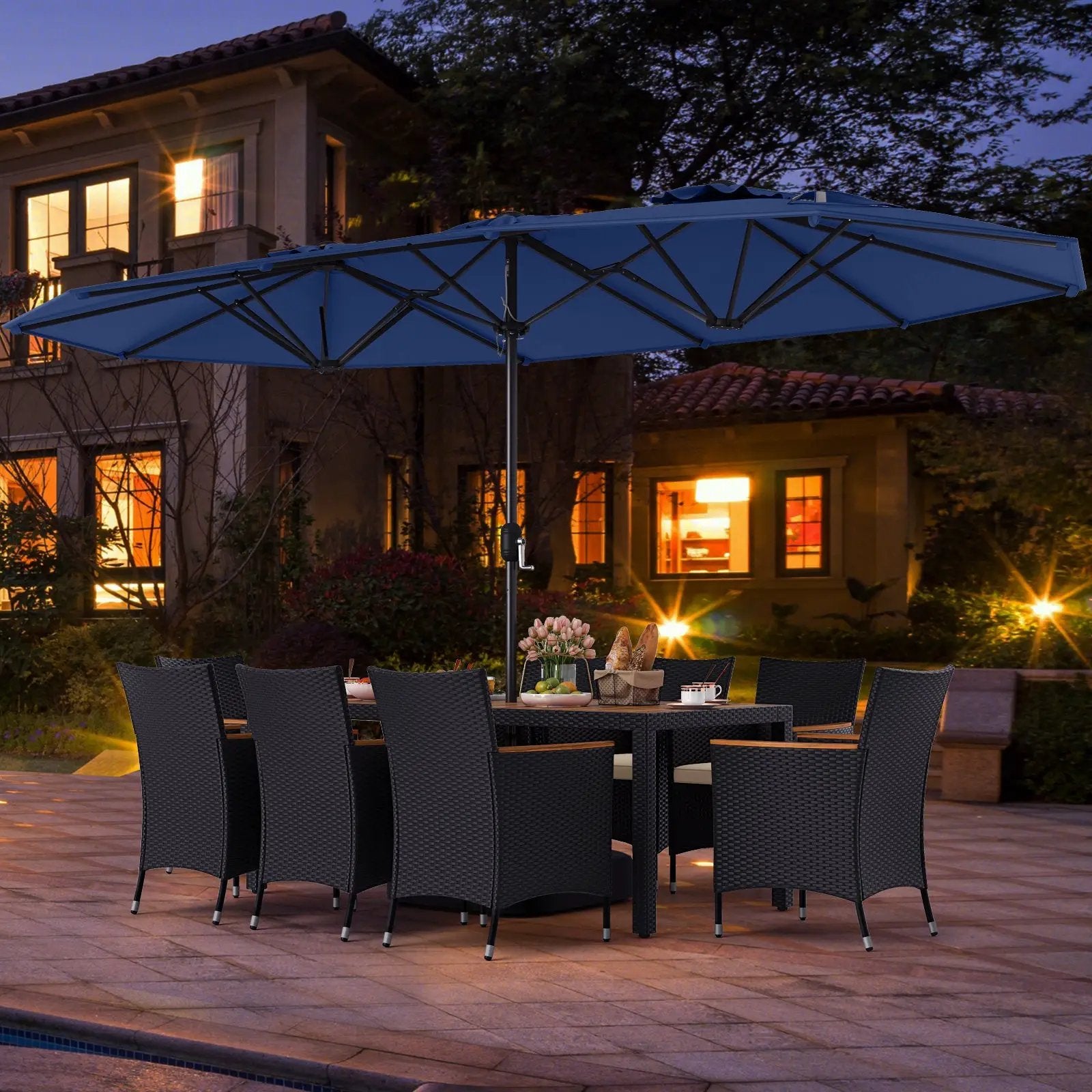 10 Piece Outdoor Dining Set with 15 Feet Double-Sided Twin Umbrella by DirectDeals