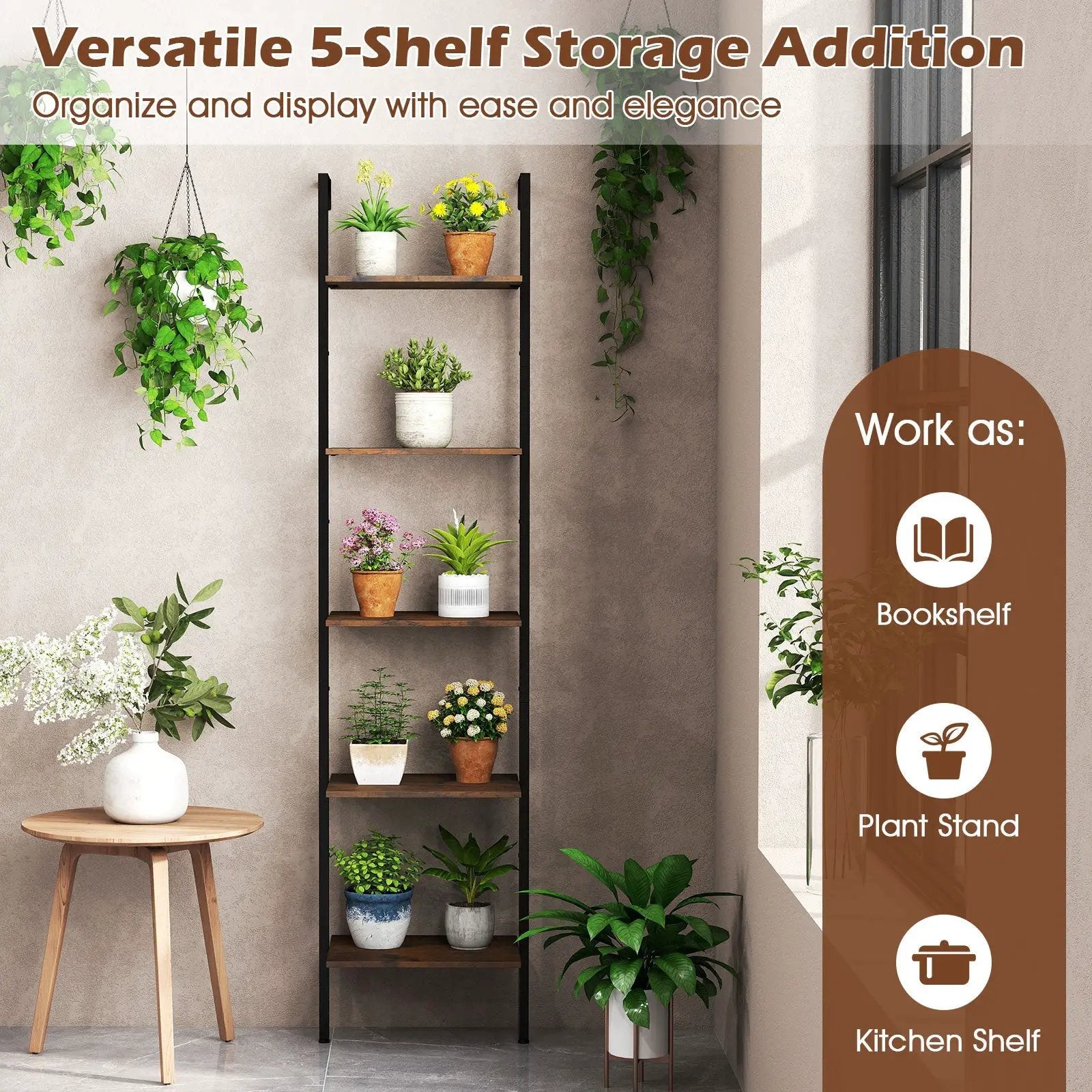 5 Tier Wall Mount Ladder Shelf with Anti-Tipping Kits for Home Office-Rustic Brown by DirectDeals