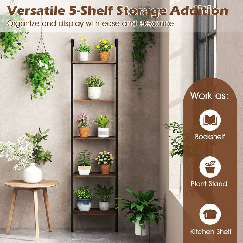 5 Tier Wall Mount Ladder Shelf with Anti-Tipping Kits for Home Office-Rustic Brown by DirectDeals