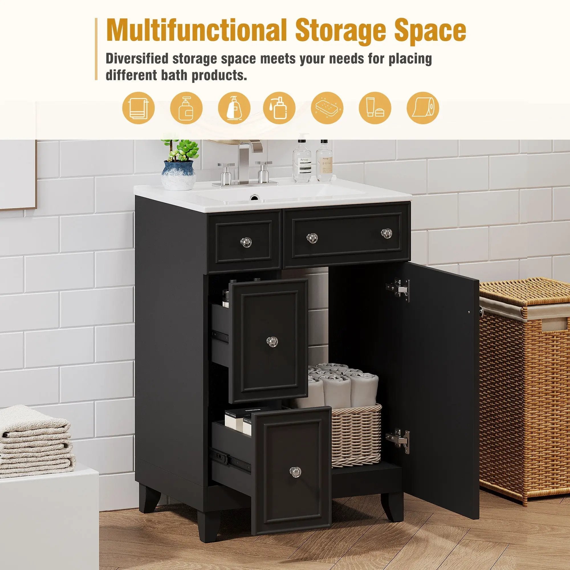 Transitional Style Bathroom Vanity Cabinet With Ceramic Sink by Unique Piece Furniture
