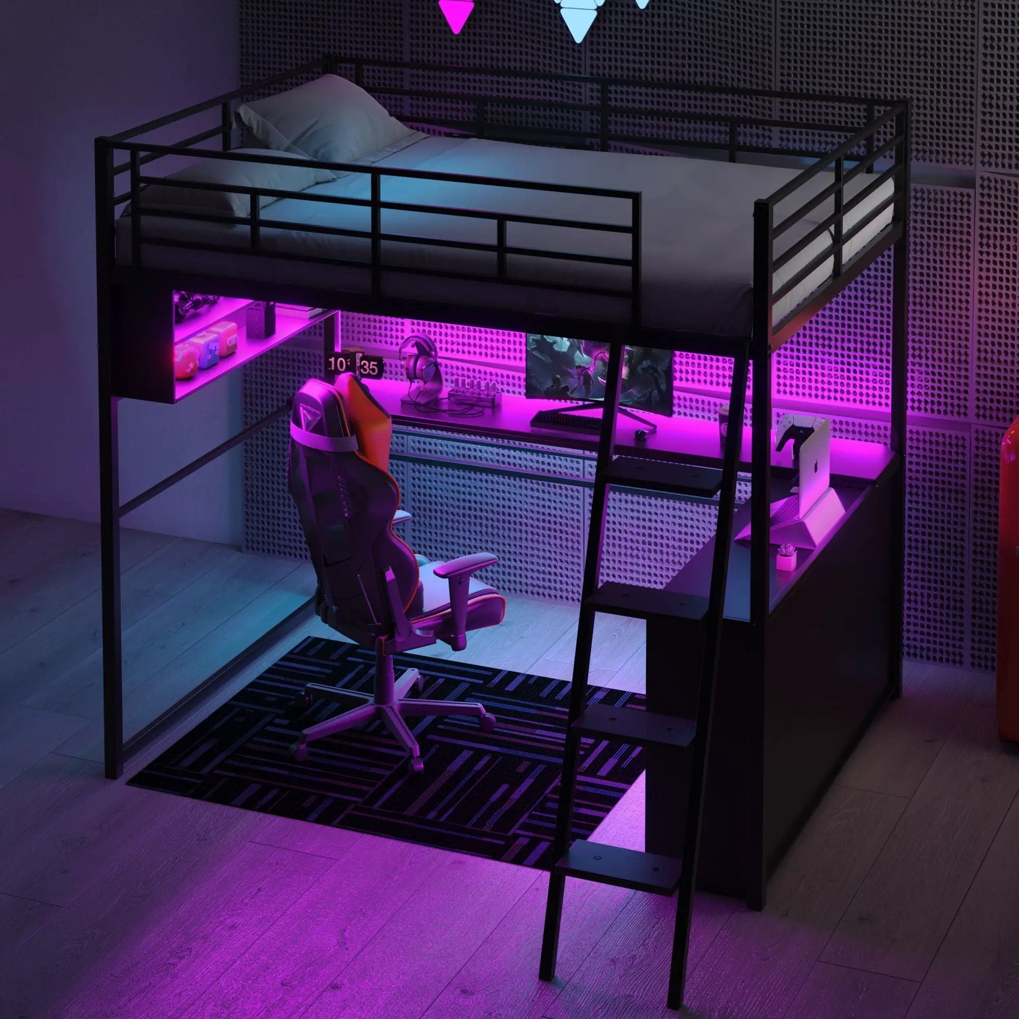 Loft Bed With LED Desk And 4 Storage Shelves by Unique Piece Furniture