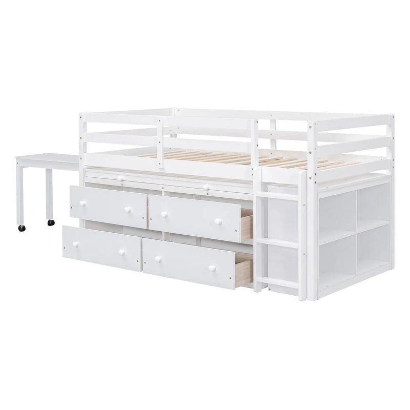 Loft Bed With Retractable Writing Desk And 4 Drawers, With Lateral Portable Desk And Shelves by HouseOfZazla