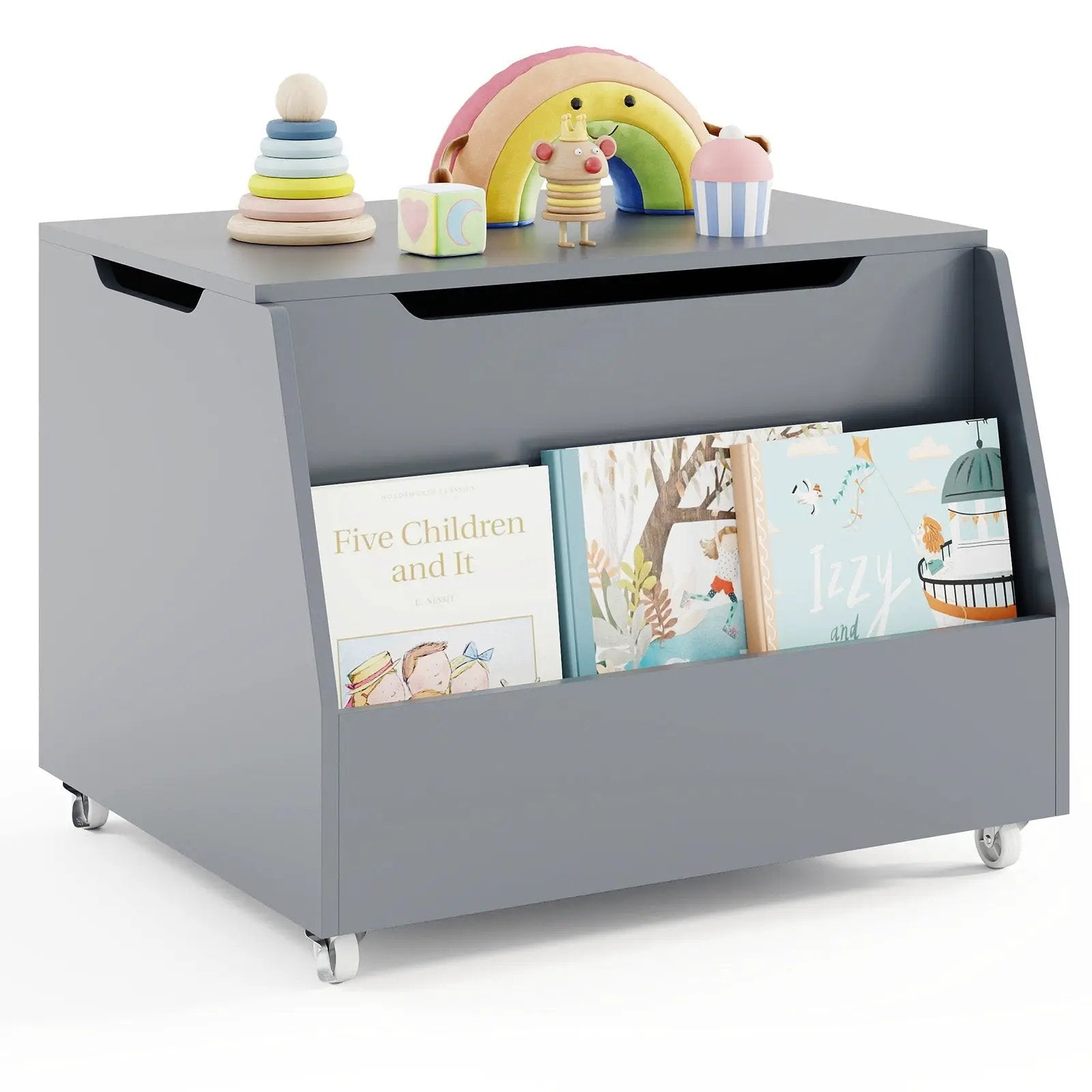 Wooden Mobile Toy Storage Organizer with Bookshelf and Lockable Wheels by DirectDeals