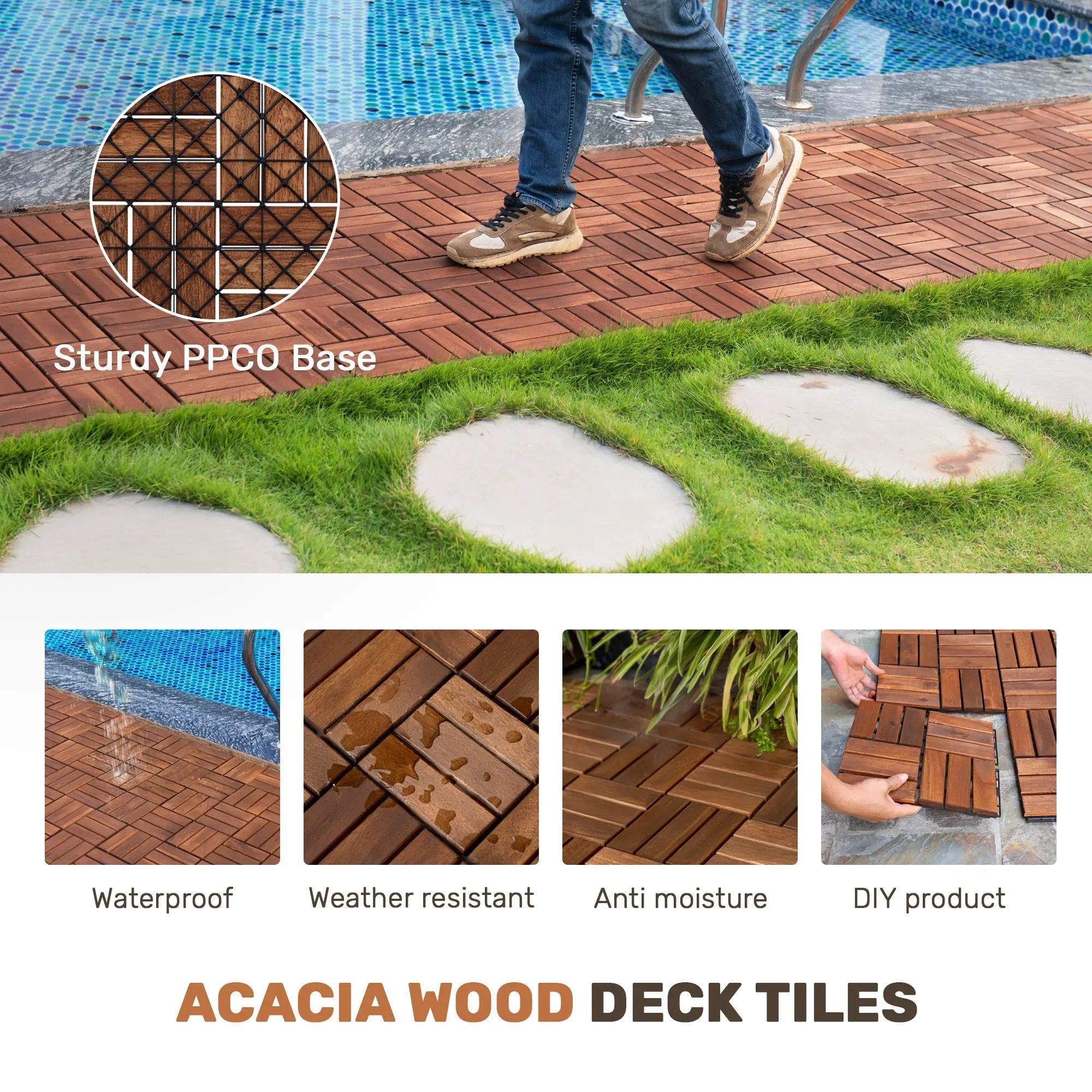 Acacia Wood Interlocking Deck Tiles - Checker Pattern by HouseOfZazla