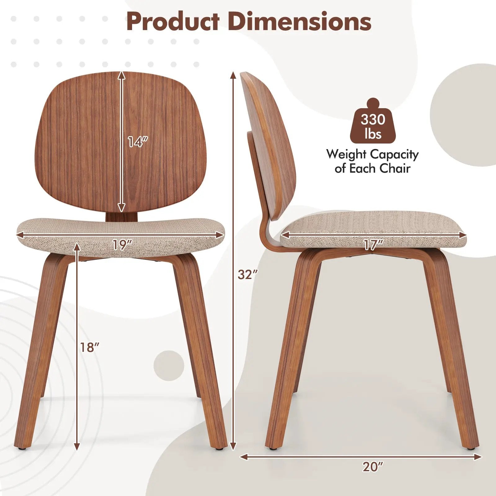 Wooden Dining Chair Set of 2 with Bentwood Frame and Padded Seat-Walnut by DirectDeals