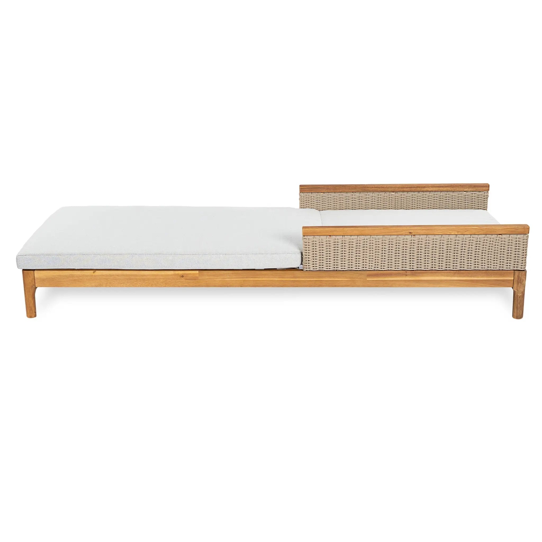 Solid Acacia Wood Sun Lounger with Grey Cushions and Light Grey Wicker by HouseOfZazla