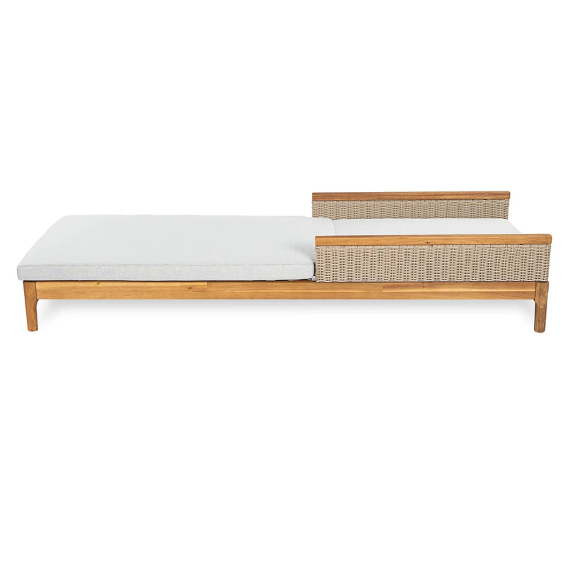 Solid Acacia Wood Sun Lounger with Grey Cushions and Light Grey Wicker by HouseOfZazla