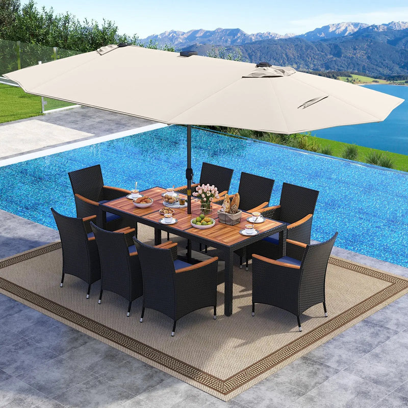 11 Pieces Patio Dining Set with LED Patio Umbrella with Base and Seat Cushions (Navy) by DirectDeals