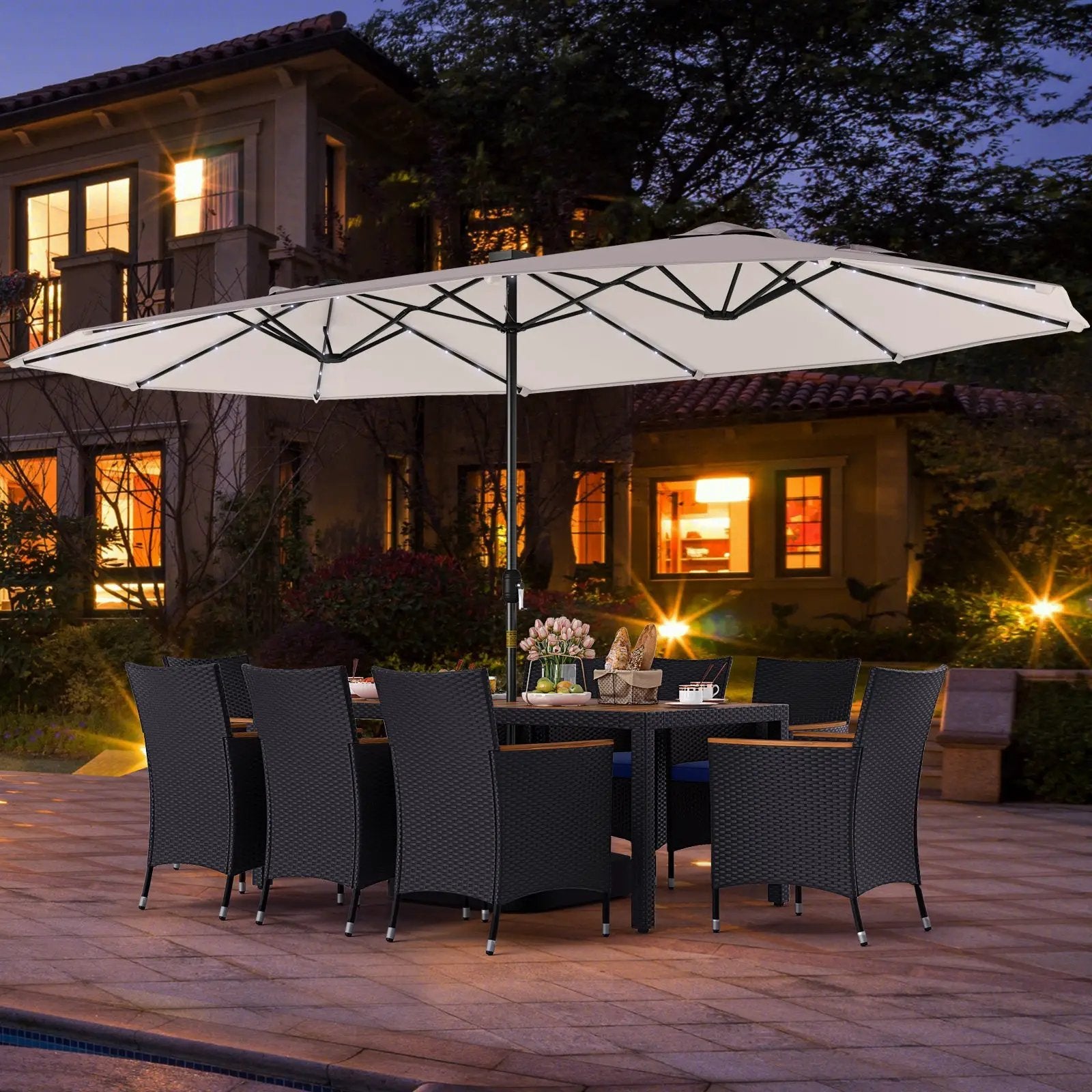 11 Pieces Patio Dining Set with LED Patio Umbrella with Base and Seat Cushions (Navy) by DirectDeals