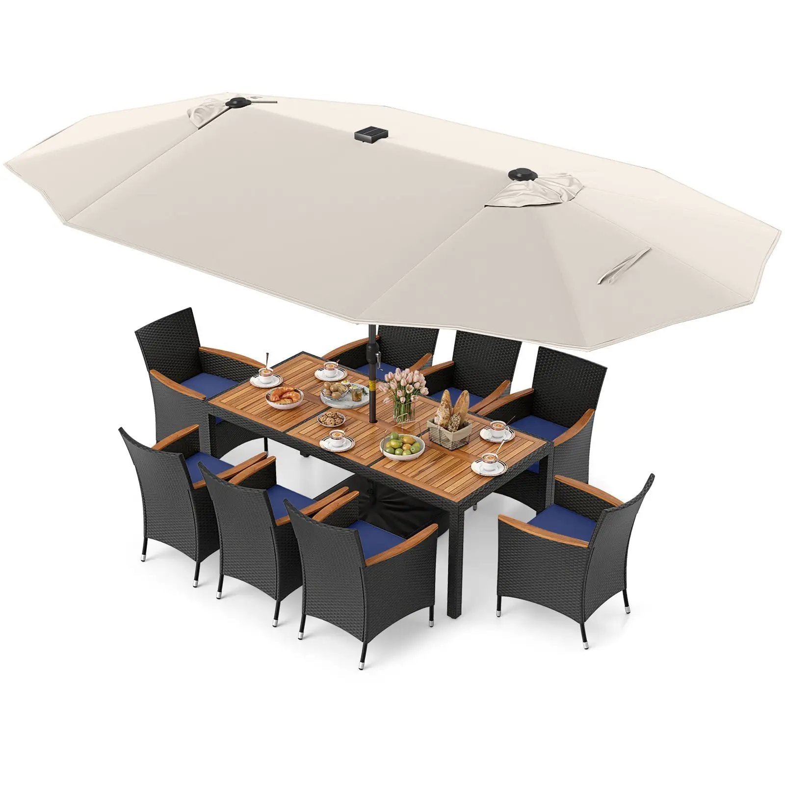 11 Pieces Patio Dining Set with LED Patio Umbrella with Base and Seat Cushions (Navy) by DirectDeals