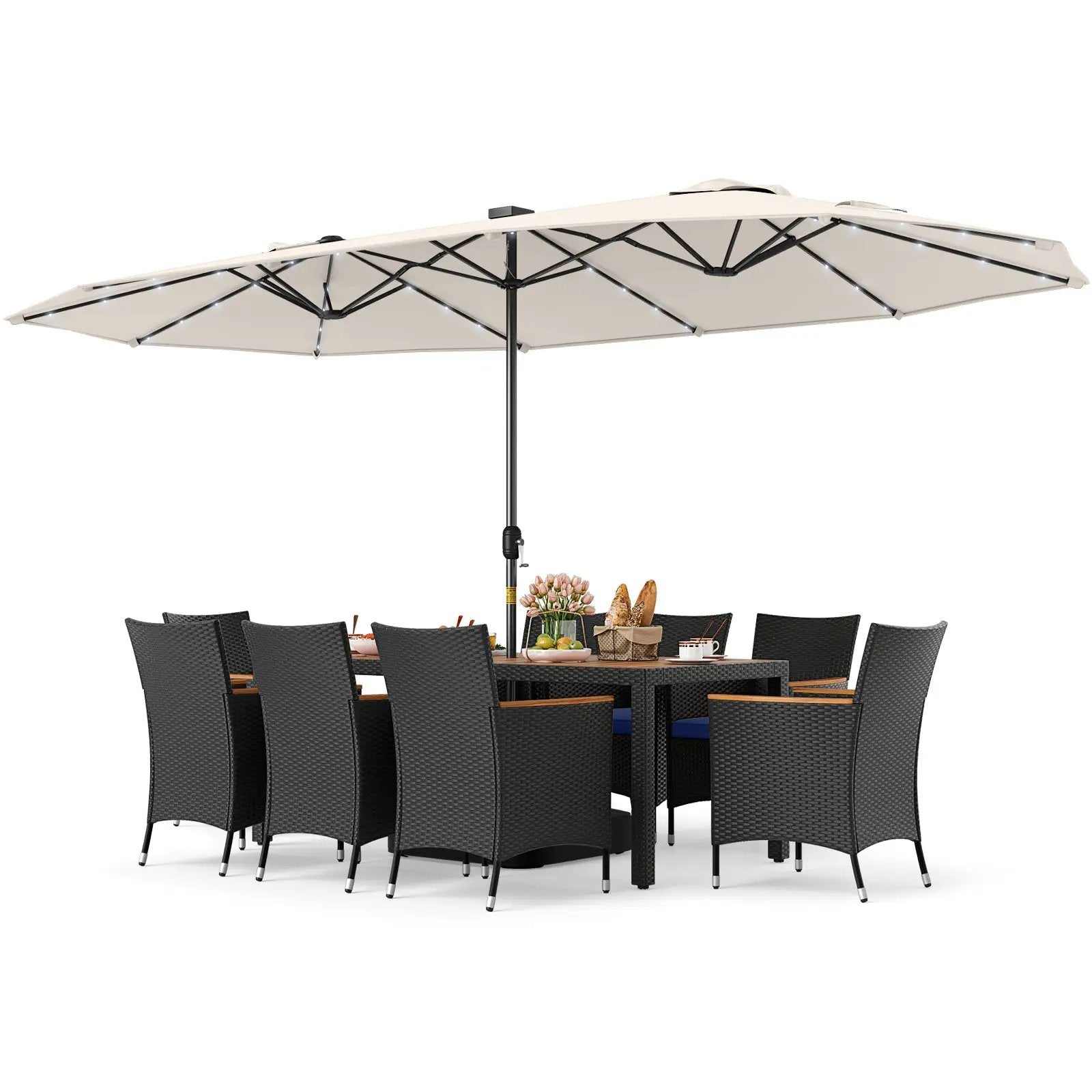 11 Pieces Patio Dining Set with LED Patio Umbrella with Base and Seat Cushions (Navy) by DirectDeals
