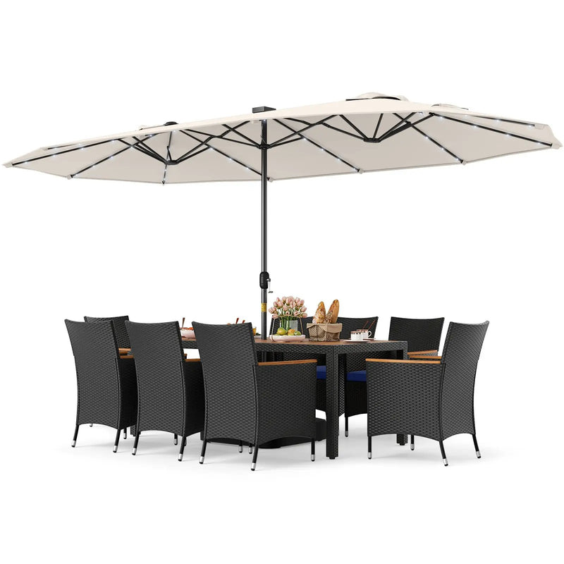 11 Pieces Patio Dining Set with LED Patio Umbrella with Base and Seat Cushions (Navy) by DirectDeals