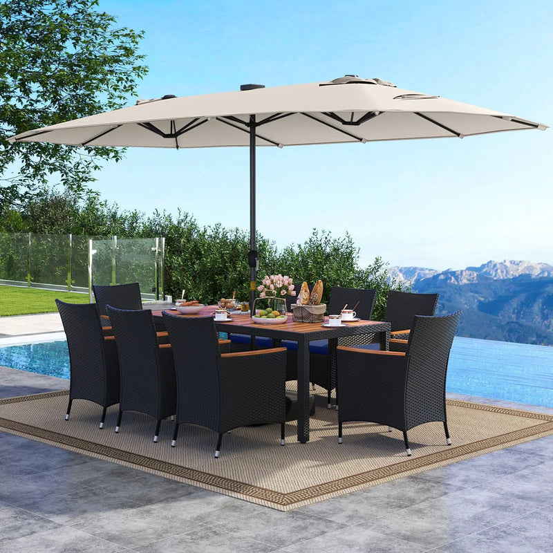 11 Pieces Patio Dining Set with LED Patio Umbrella with Base and Seat Cushions (Navy) by DirectDeals