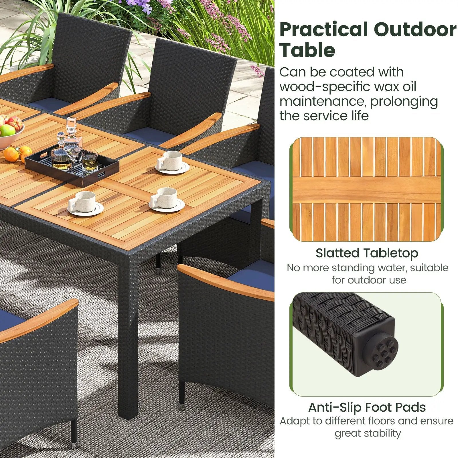 11 Pieces Patio Dining Set with LED Patio Umbrella with Base and Seat Cushions (Navy) by DirectDeals