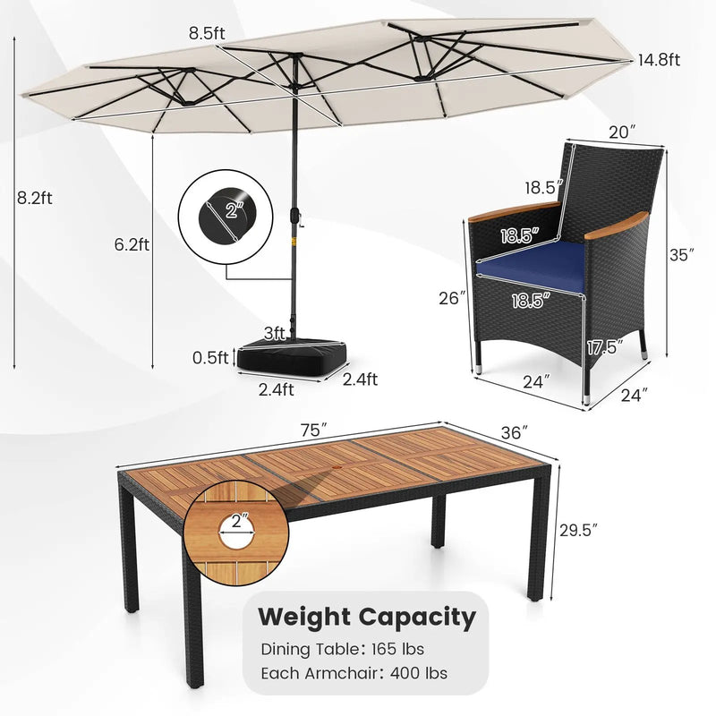 11 Pieces Patio Dining Set with LED Patio Umbrella with Base and Seat Cushions (Navy) by DirectDeals