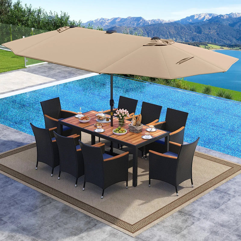 11 Pieces Patio Dining Set with LED Patio Umbrella with Base and Seat Cushions (Navy) by DirectDeals