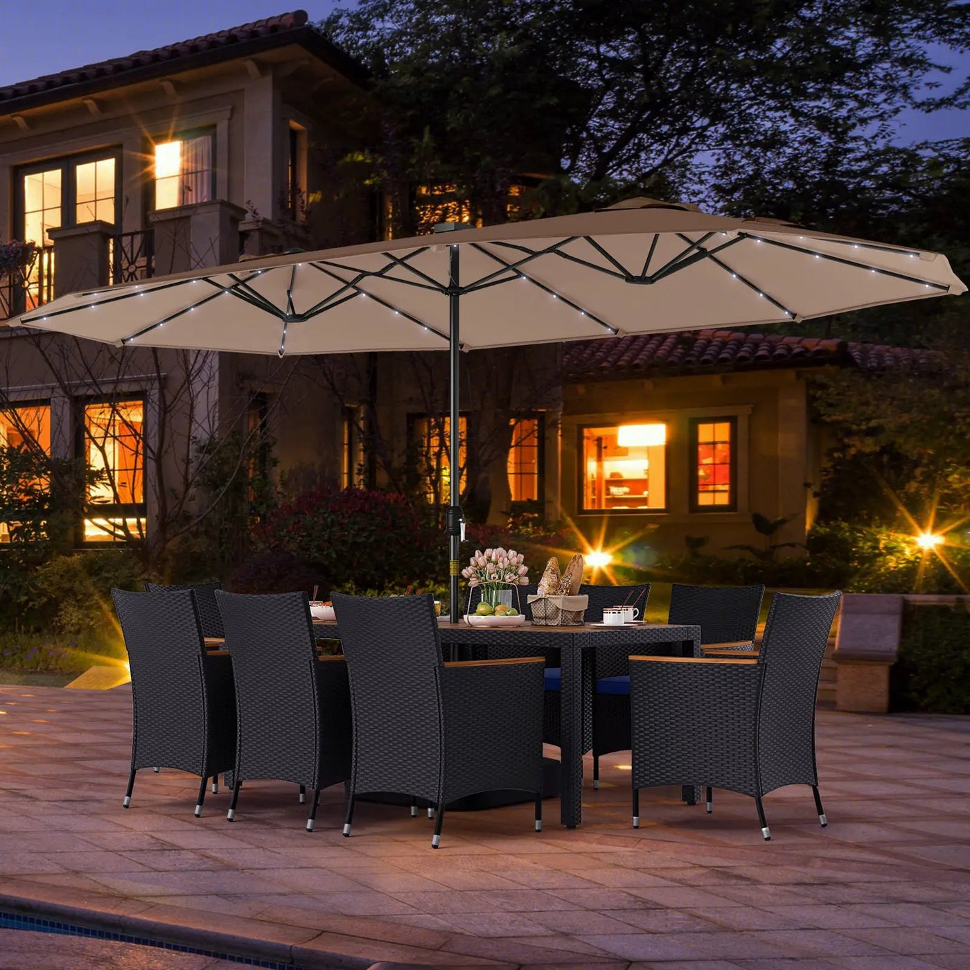11 Pieces Patio Dining Set with LED Patio Umbrella with Base and Seat Cushions (Navy) by DirectDeals