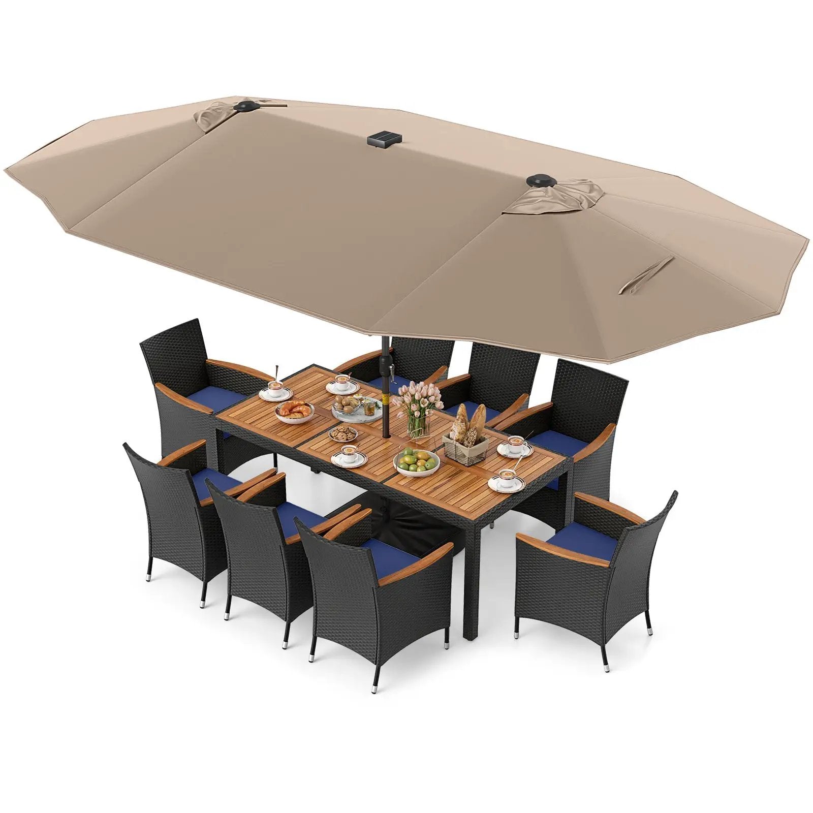11 Pieces Patio Dining Set with LED Patio Umbrella with Base and Seat Cushions (Navy) by DirectDeals