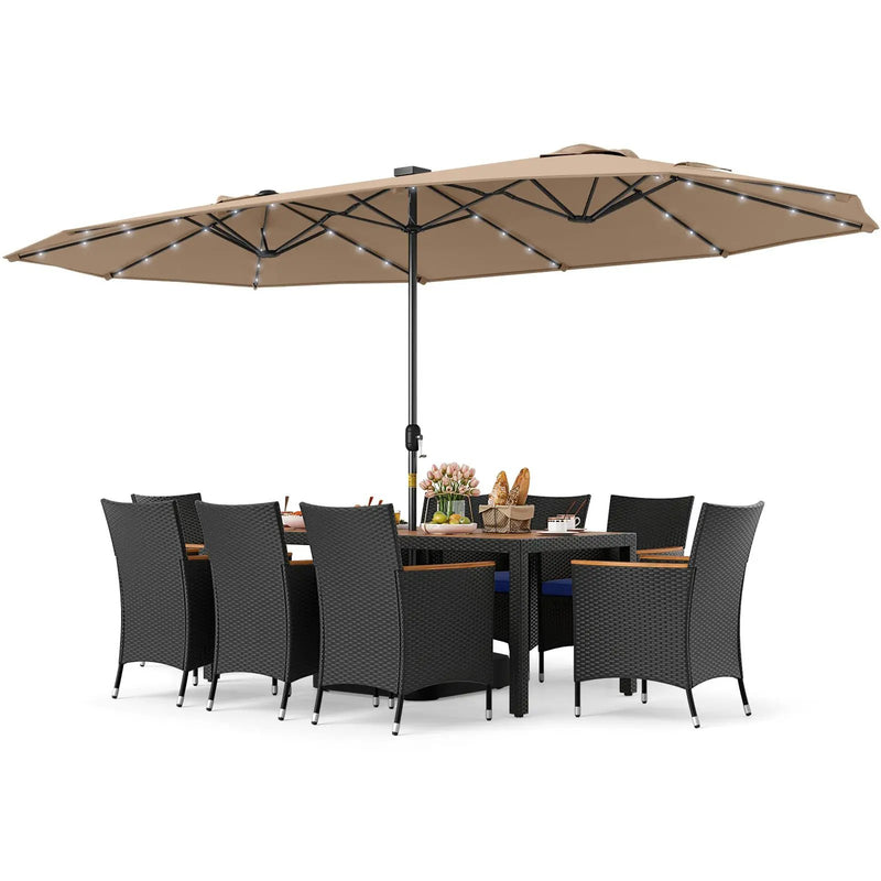 11 Pieces Patio Dining Set with LED Patio Umbrella with Base and Seat Cushions (Navy) by DirectDeals