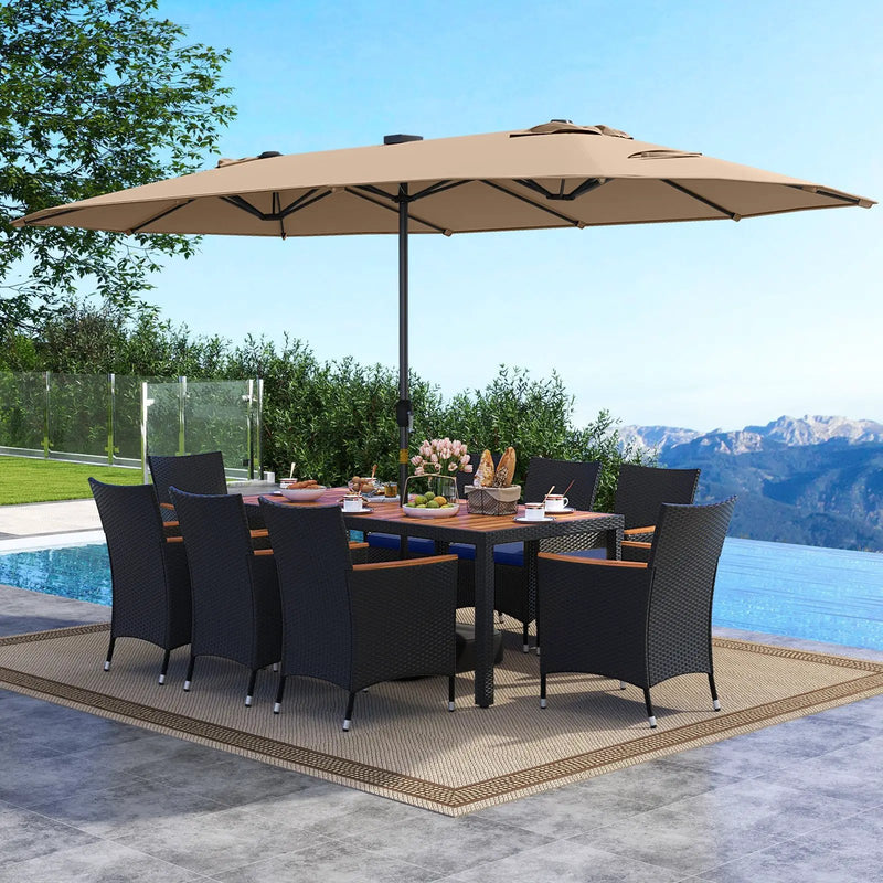 11 Pieces Patio Dining Set with LED Patio Umbrella with Base and Seat Cushions (Navy) by DirectDeals