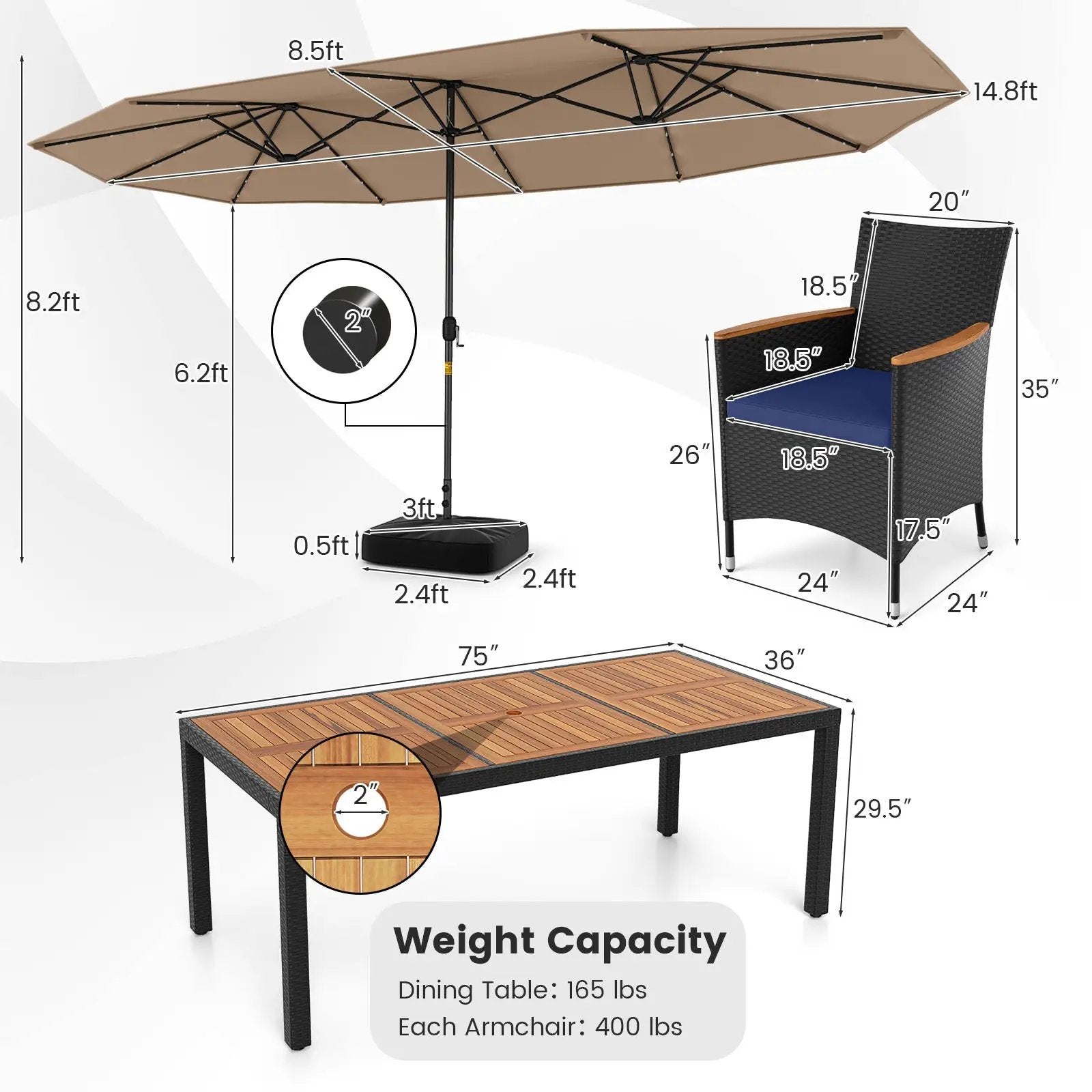 11 Pieces Patio Dining Set with LED Patio Umbrella with Base and Seat Cushions (Navy) by DirectDeals