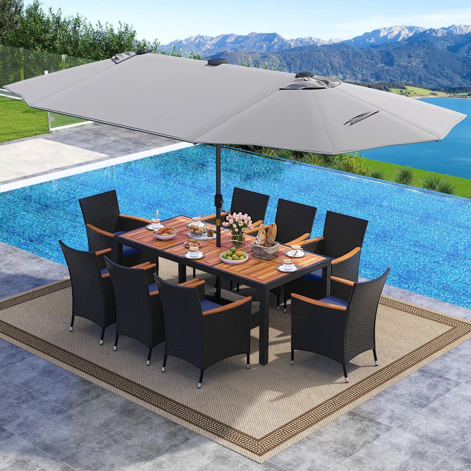 11 Pieces Patio Dining Set with LED Patio Umbrella with Base and Seat Cushions (Navy) by DirectDeals