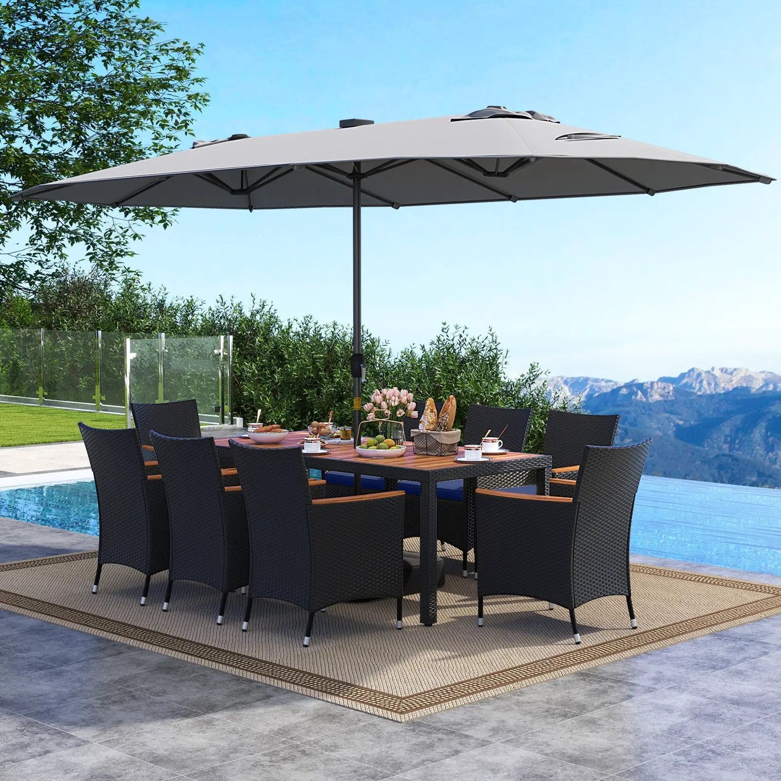 11 Pieces Patio Dining Set with LED Patio Umbrella with Base and Seat Cushions (Navy) by DirectDeals