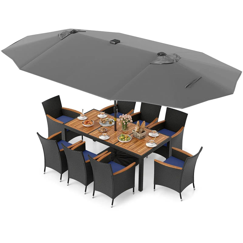 11 Pieces Patio Dining Set with LED Patio Umbrella with Base and Seat Cushions (Navy) by DirectDeals
