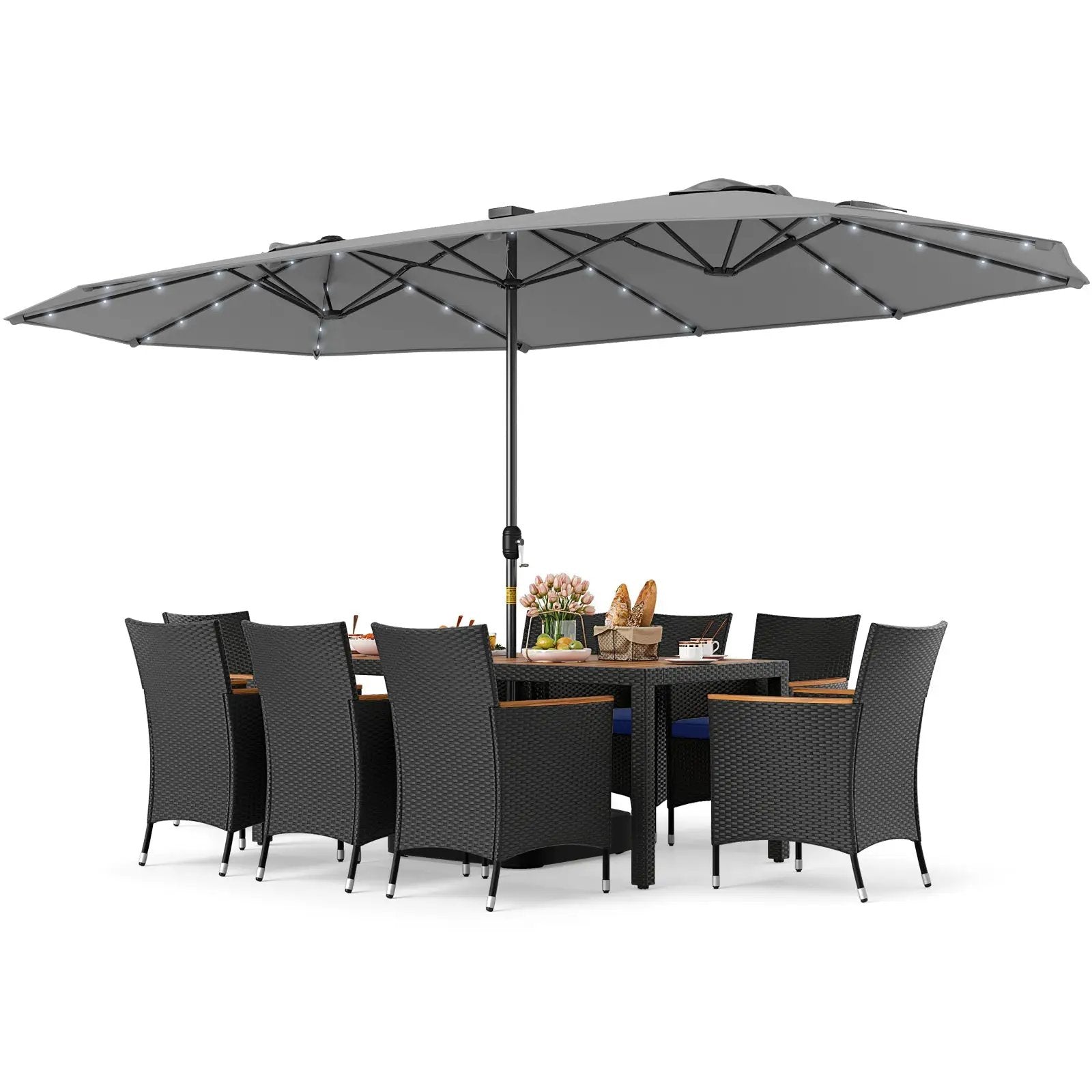 11 Pieces Patio Dining Set with LED Patio Umbrella with Base and Seat Cushions (Navy) by DirectDeals