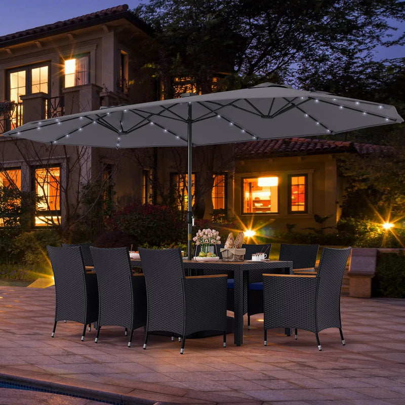 11 Pieces Patio Dining Set with LED Patio Umbrella with Base and Seat Cushions (Navy) by DirectDeals