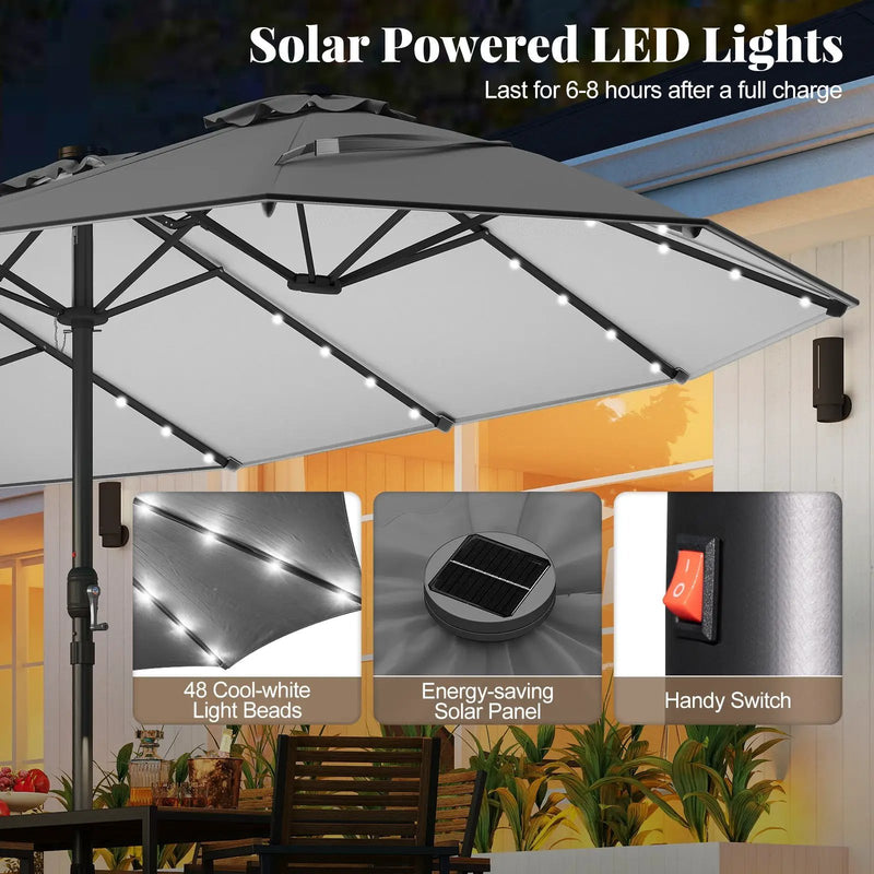 11 Pieces Patio Dining Set with LED Patio Umbrella with Base and Seat Cushions (Navy) by DirectDeals