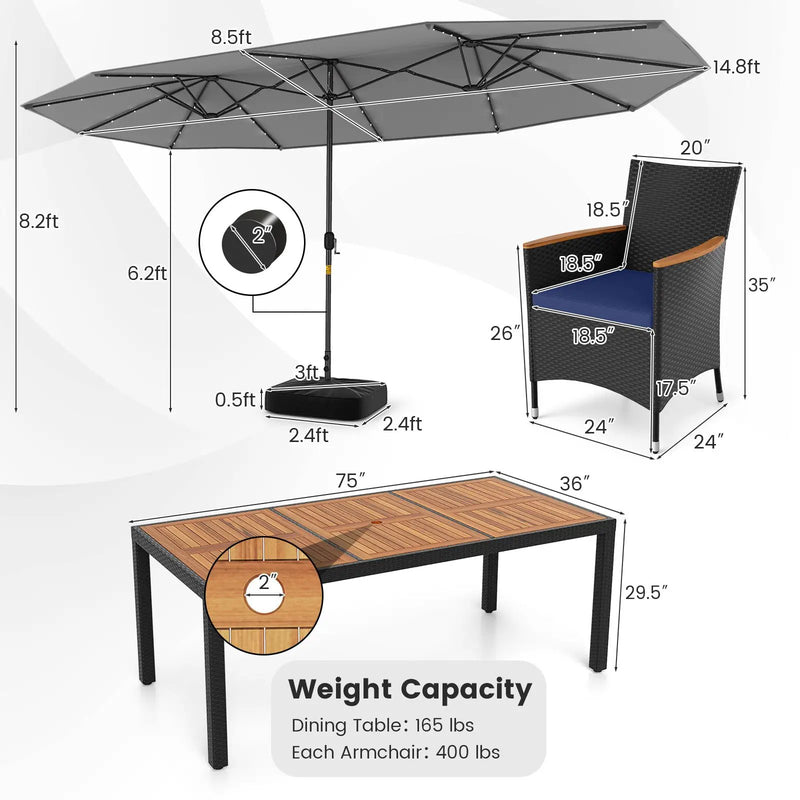 11 Pieces Patio Dining Set with LED Patio Umbrella with Base and Seat Cushions (Navy) by DirectDeals