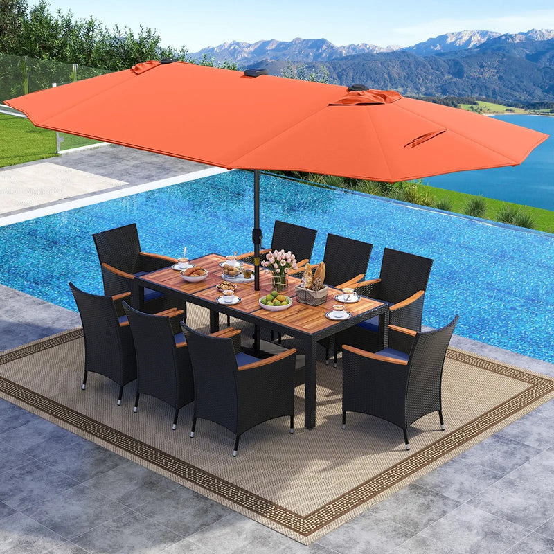 11 Pieces Patio Dining Set with LED Patio Umbrella with Base and Seat Cushions (Navy) by DirectDeals