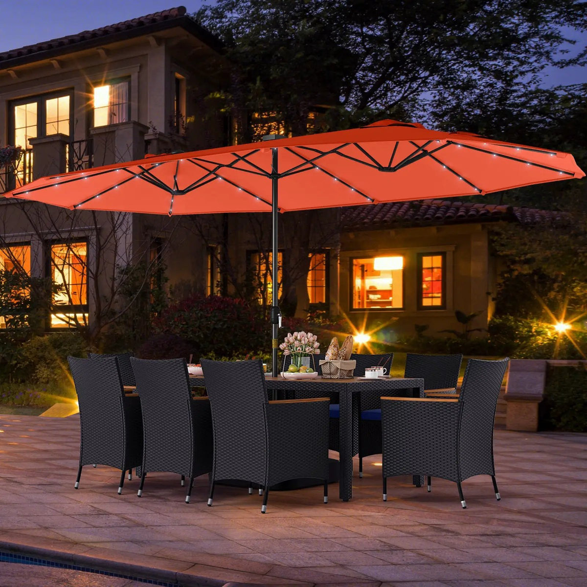 11 Pieces Patio Dining Set with LED Patio Umbrella with Base and Seat Cushions (Navy) by DirectDeals