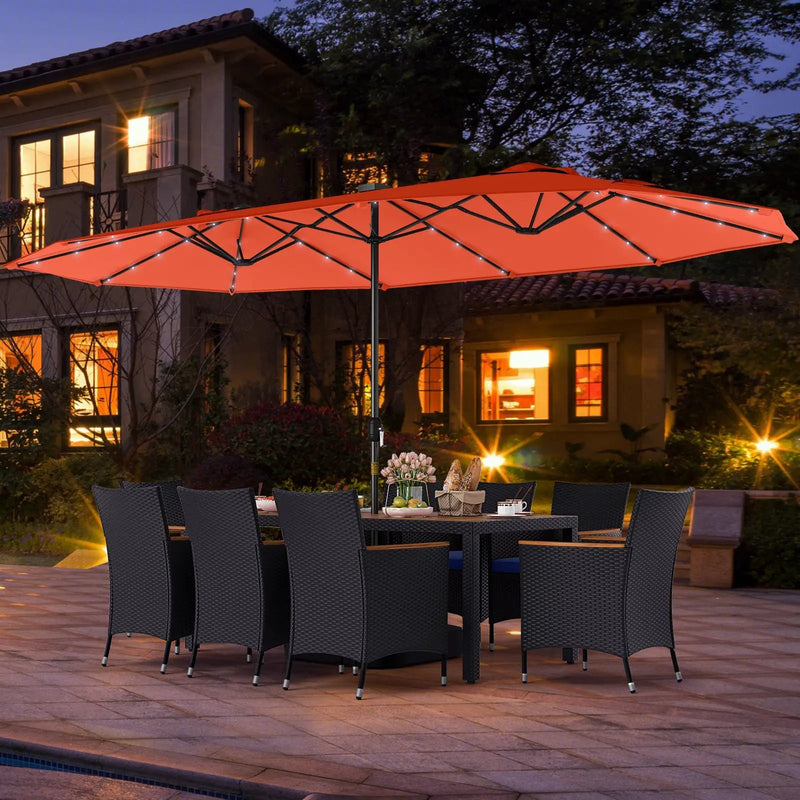 11 Pieces Patio Dining Set with LED Patio Umbrella with Base and Seat Cushions (Navy) by DirectDeals