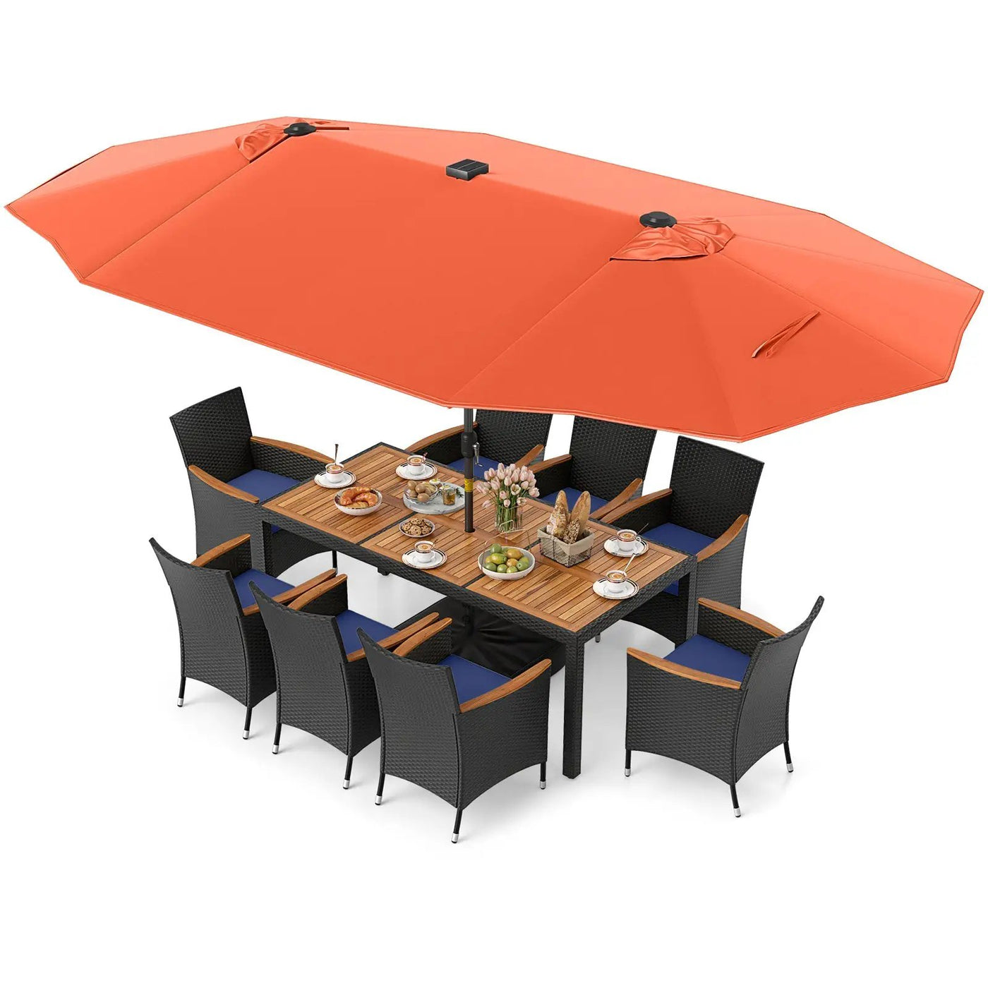 11 Pieces Patio Dining Set with LED Patio Umbrella with Base and Seat Cushions (Navy) by DirectDeals