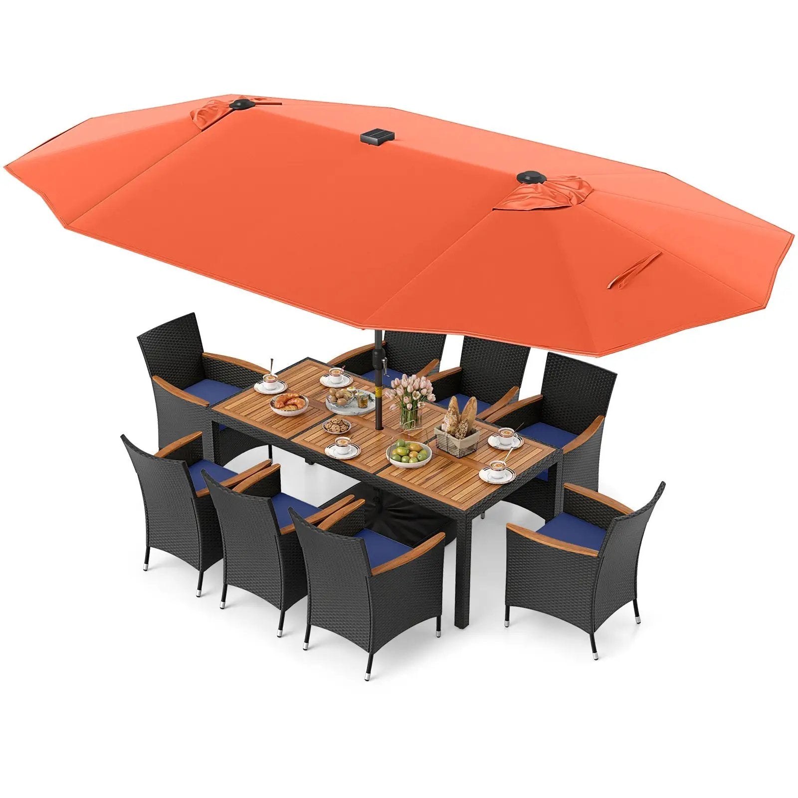 11 Pieces Patio Dining Set with LED Patio Umbrella with Base and Seat Cushions (Navy) by DirectDeals