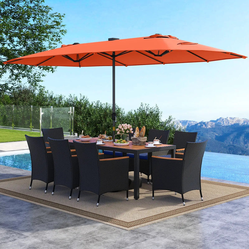 11 Pieces Patio Dining Set with LED Patio Umbrella with Base and Seat Cushions (Navy) by DirectDeals