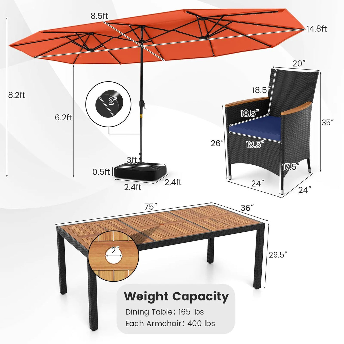 11 Pieces Patio Dining Set with LED Patio Umbrella with Base and Seat Cushions (Navy) by DirectDeals