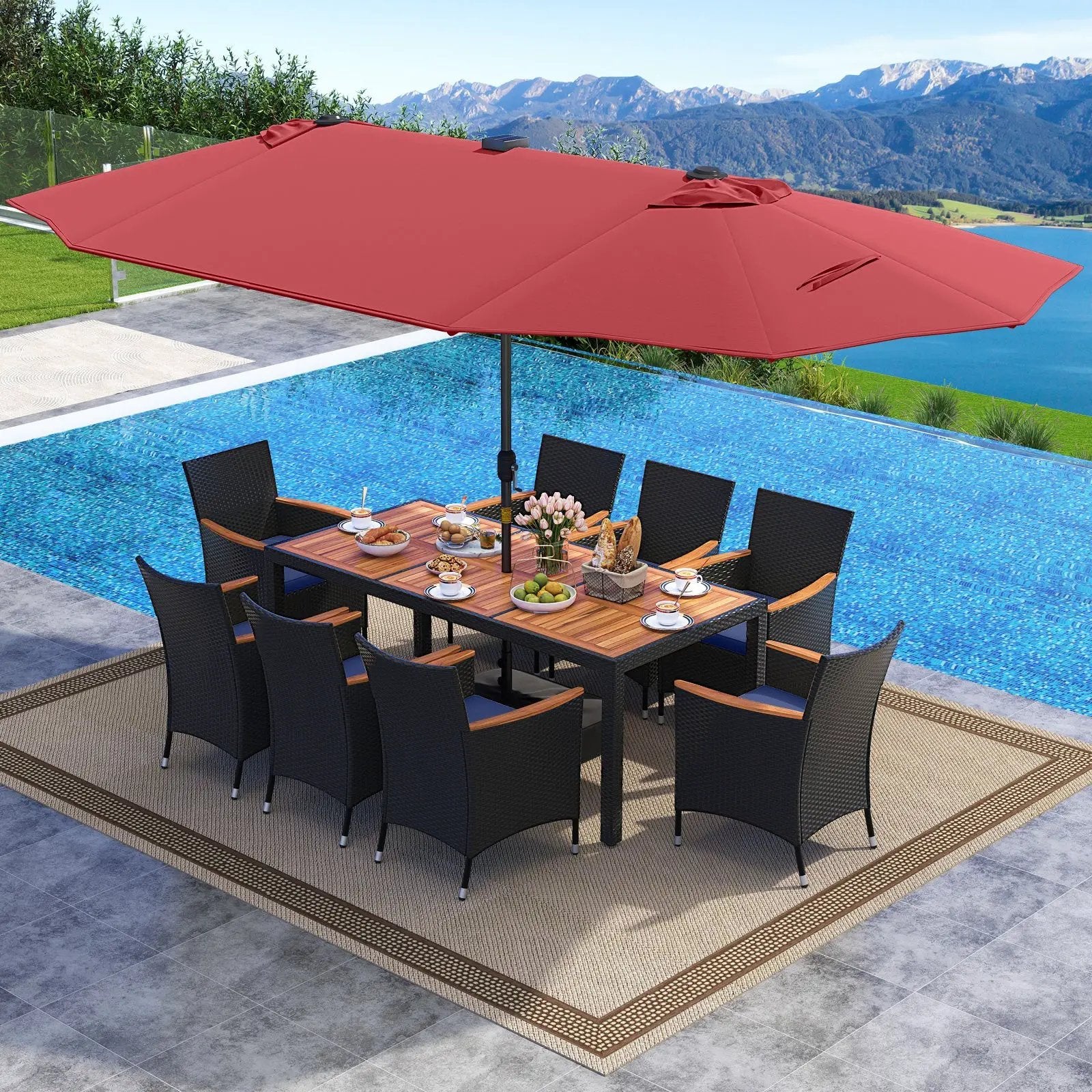 11 Pieces Patio Dining Set with LED Patio Umbrella with Base and Seat Cushions (Navy) by DirectDeals