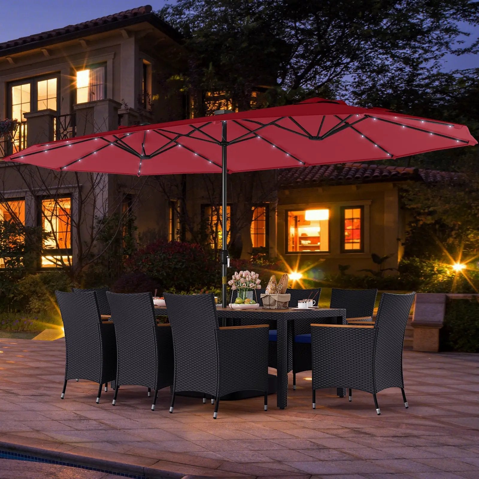 11 Pieces Patio Dining Set with LED Patio Umbrella with Base and Seat Cushions (Navy) by DirectDeals