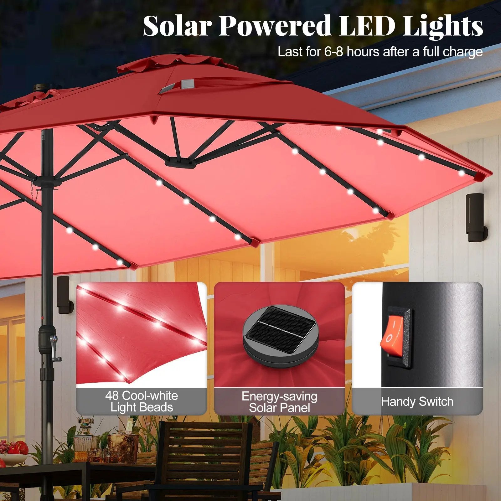 11 Pieces Patio Dining Set with LED Patio Umbrella with Base and Seat Cushions (Navy) by DirectDeals