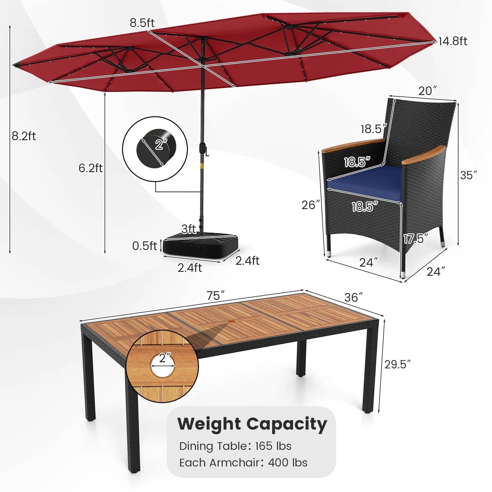 11 Pieces Patio Dining Set with LED Patio Umbrella with Base and Seat Cushions (Navy) by DirectDeals