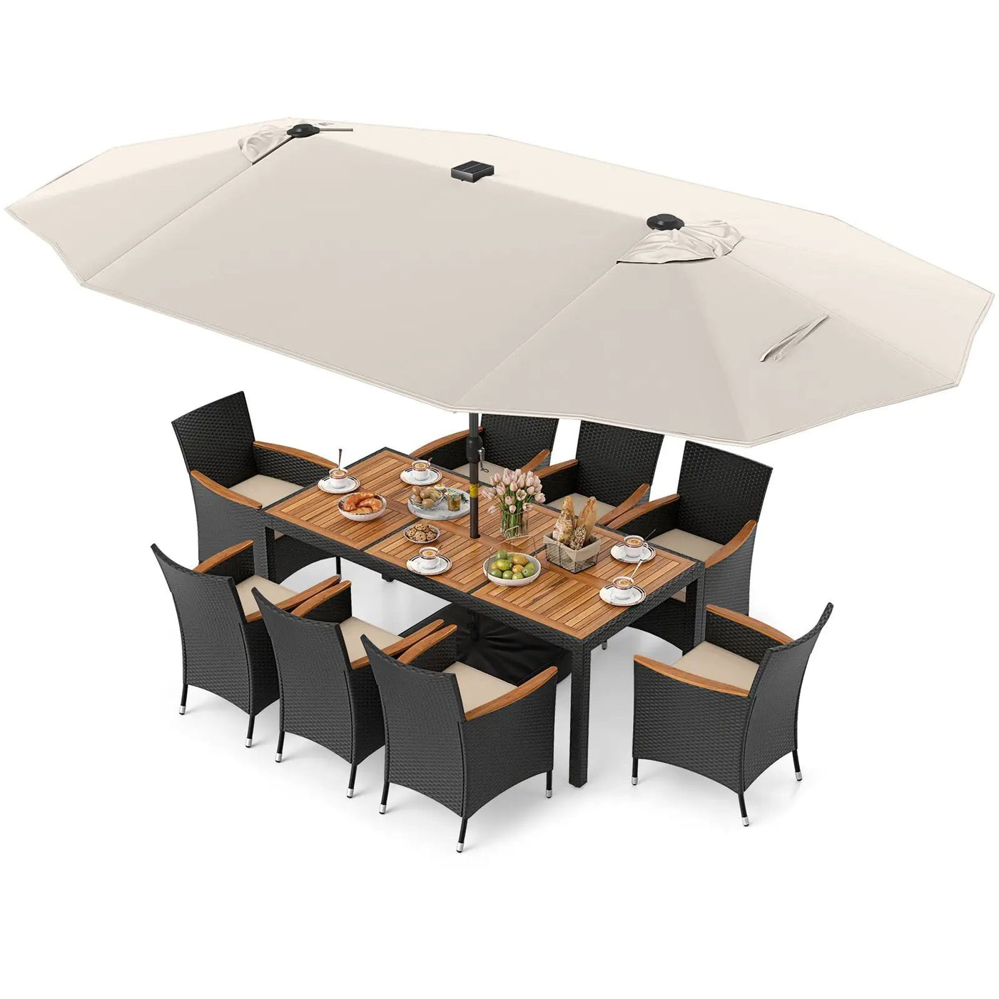 11 Pieces Patio Dining Set with LED Patio Umbrella with Base and Seat Cushions (Beige) by DirectDeals
