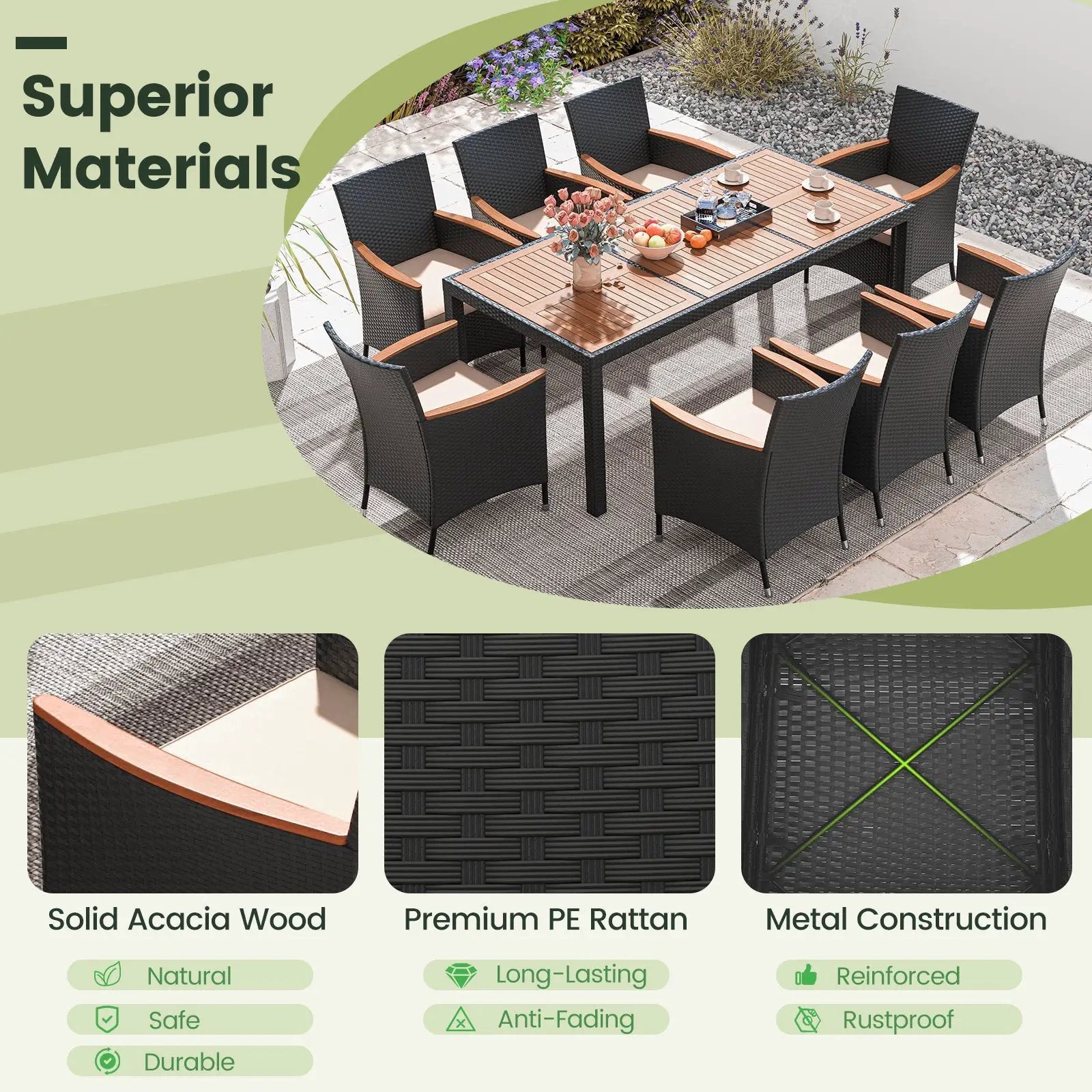 11 Pieces Patio Dining Set with LED Patio Umbrella with Base and Seat Cushions (Beige) by DirectDeals